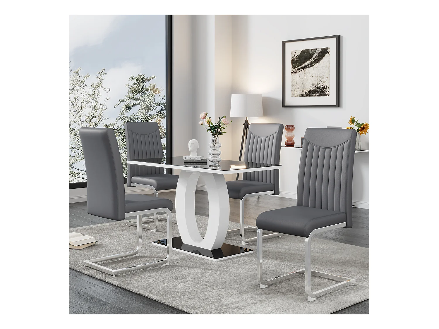 Lot de 4 chaise de piétement luge, structure en métal chromé, charge max 150 kg, tissu en cuir artificiel PU, 41x41x90cm, gris