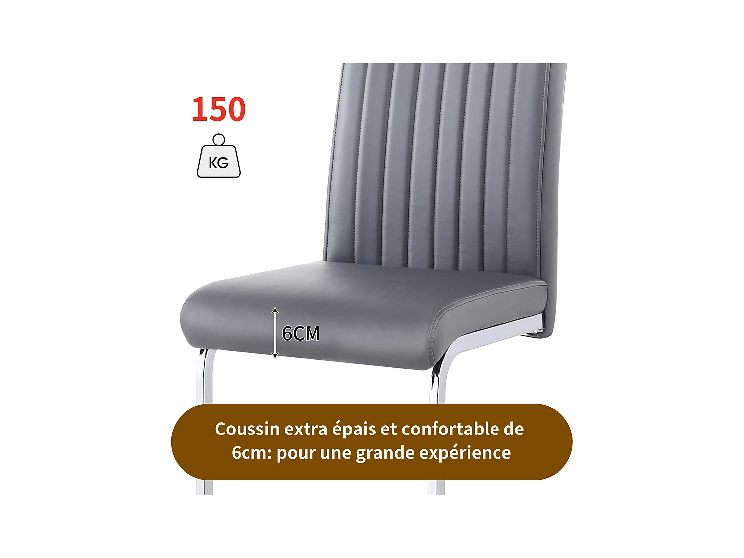 Lot de 4 chaise de piétement luge, structure en métal chromé, charge max 150 kg, tissu en cuir artificiel PU, 41x41x90cm, gris