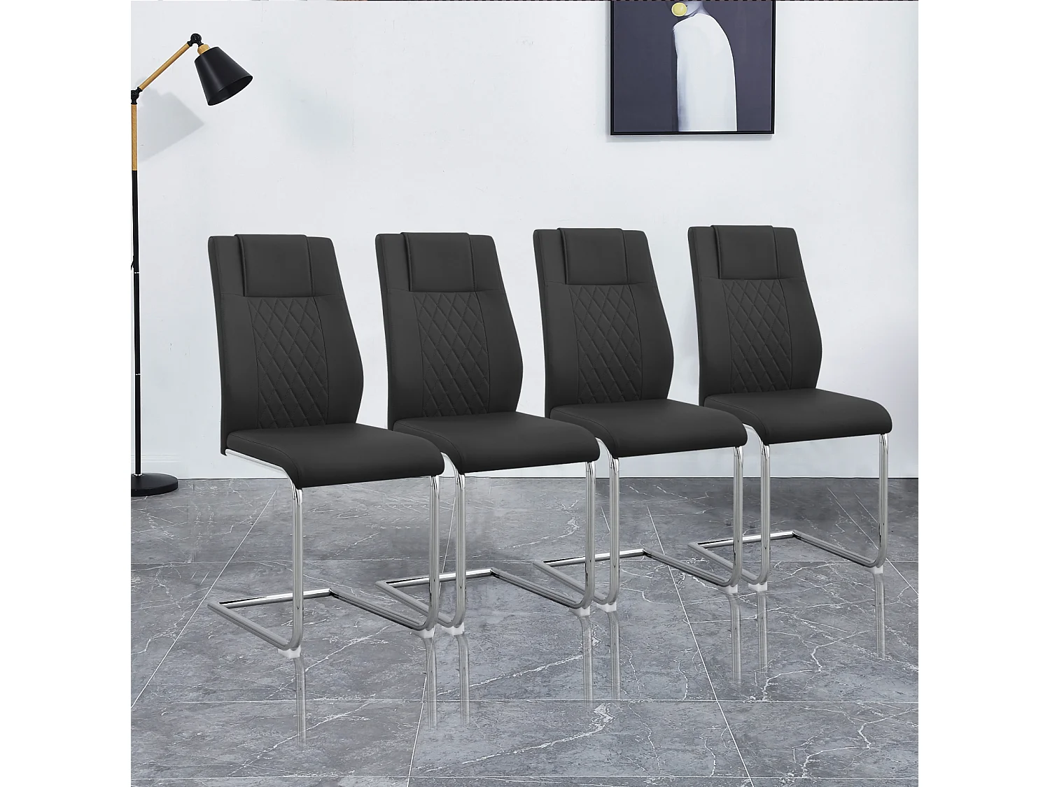 Set van 4 sledestoelstoelen, rugleuning met ruitmotief, verchroomd metalen frame, max. belasting 150 kg, bekleding van imitatieleer, 40x40x96,5 cm, zwart