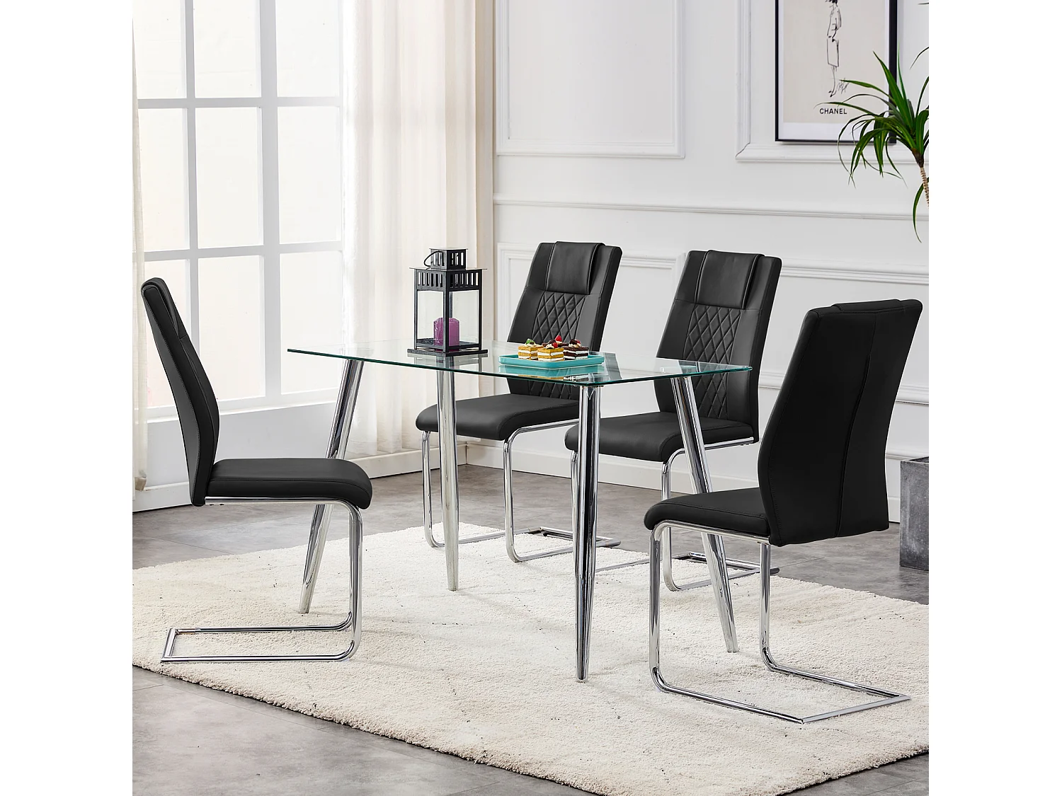 Set van 4 sledestoelstoelen, rugleuning met ruitmotief, verchroomd metalen frame, max. belasting 150 kg, bekleding van imitatieleer, 40x40x96,5 cm, zwart