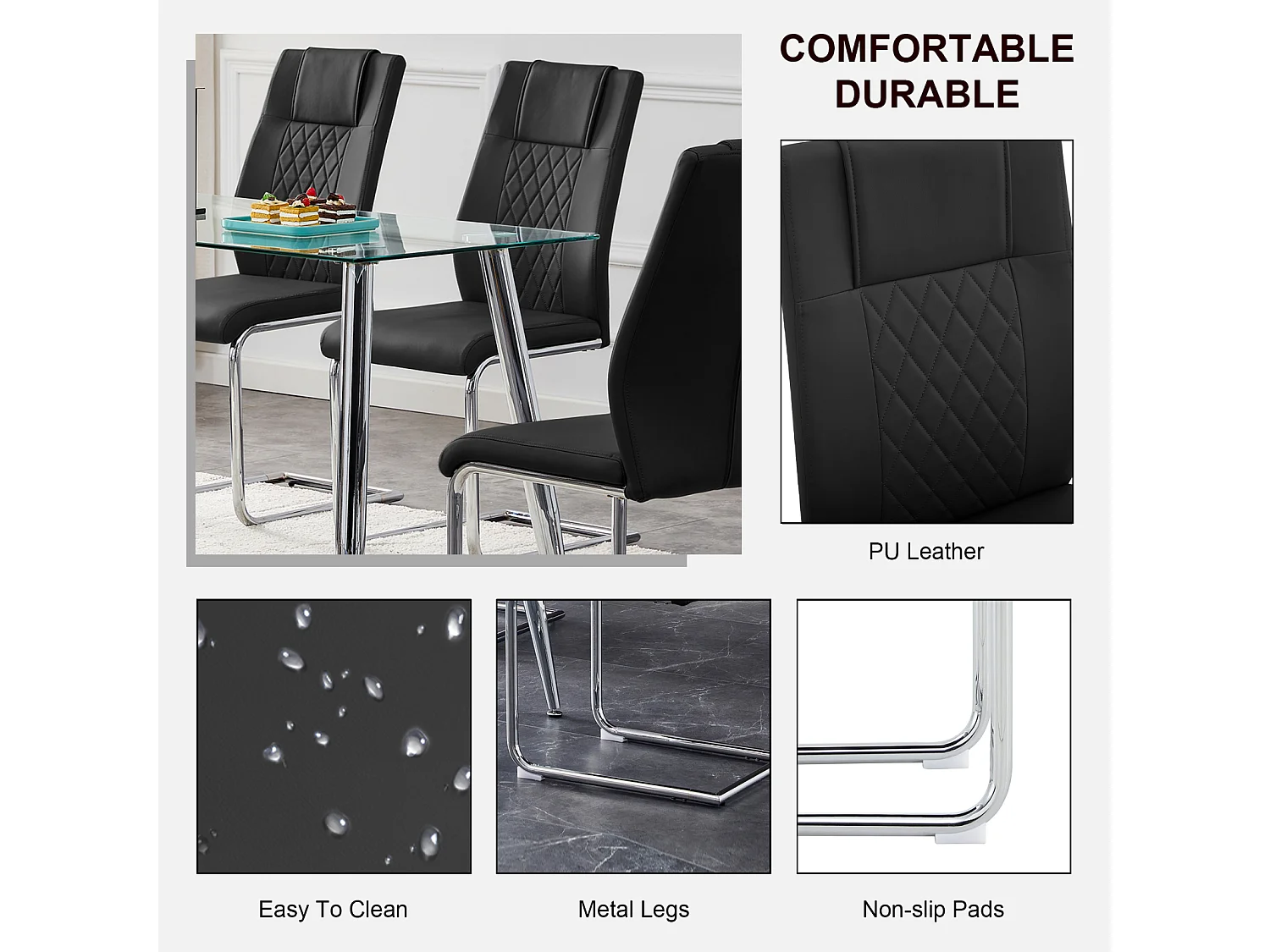 Set van 4 sledestoelstoelen, rugleuning met ruitmotief, verchroomd metalen frame, max. belasting 150 kg, bekleding van imitatieleer, 40x40x96,5 cm, zwart