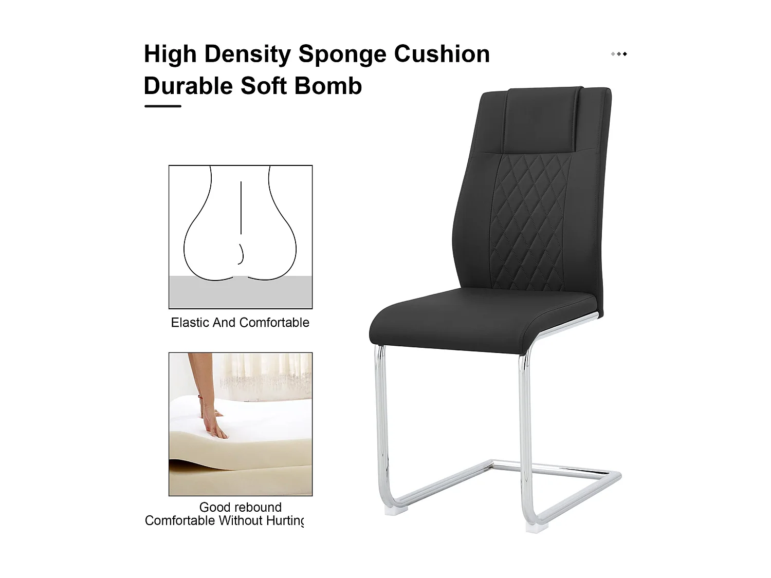 Lot de 4 chaises de piétement luge, dossier motif diamant, structure en métal chromé, charge max 150 kg, revêtement en similicuir, 40x40x96.5cm, noir