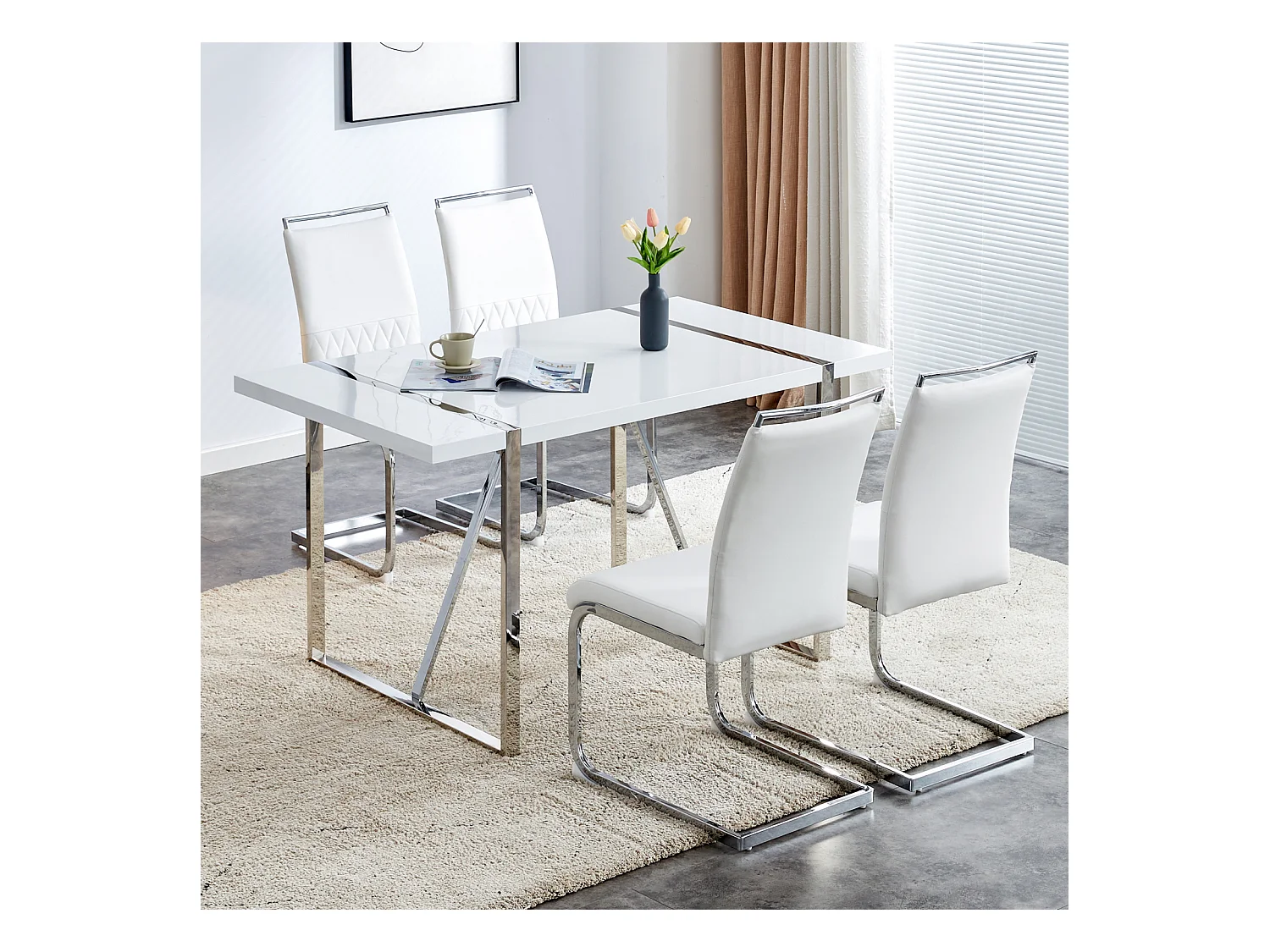 Moderne eetkamerstoel set van 4 - Hoge rugleuning gestoffeerde poten stoel kruisstrepen rugleuning voor eetkamer, keuken, kantoorstoel - Wit