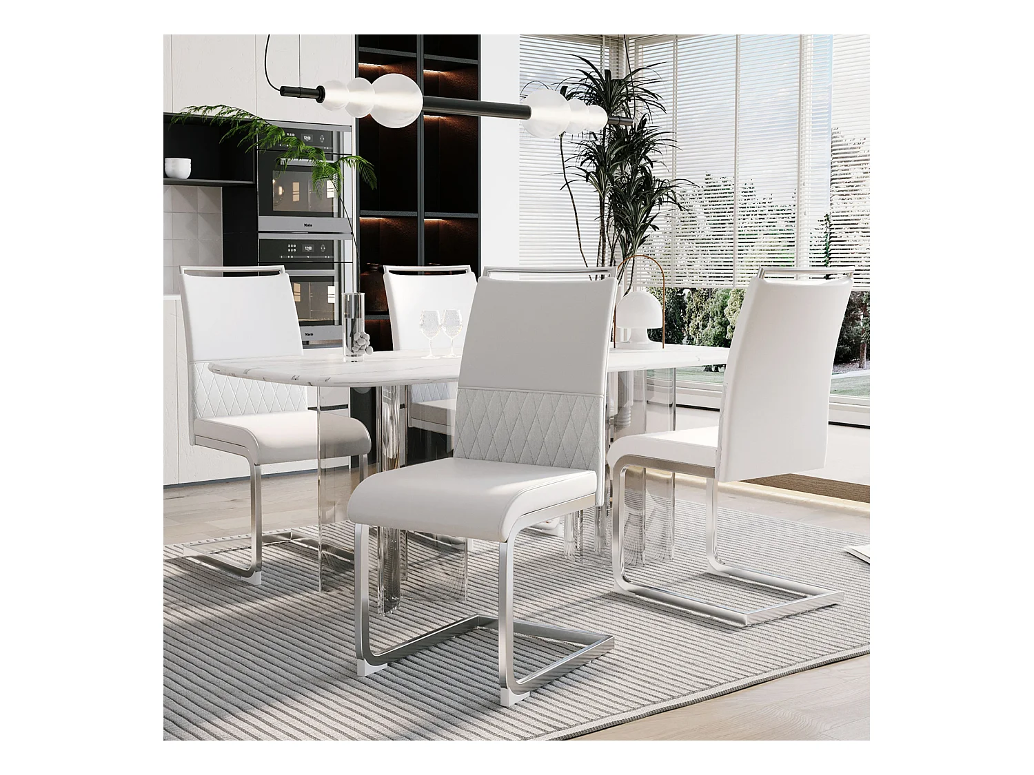 Moderne eetkamerstoel set van 4 - Hoge rugleuning gestoffeerde poten stoel kruisstrepen rugleuning voor eetkamer, keuken, kantoorstoel - Wit