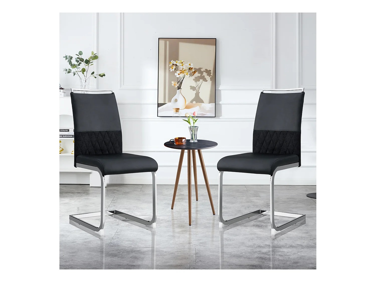 Moderne eetkamerstoel set van 2 - Hoge rugleuning gestoffeerde poten stoel kruisstrepen rugleuning voor eetkamer, keuken, kantoorstoel - Zwart