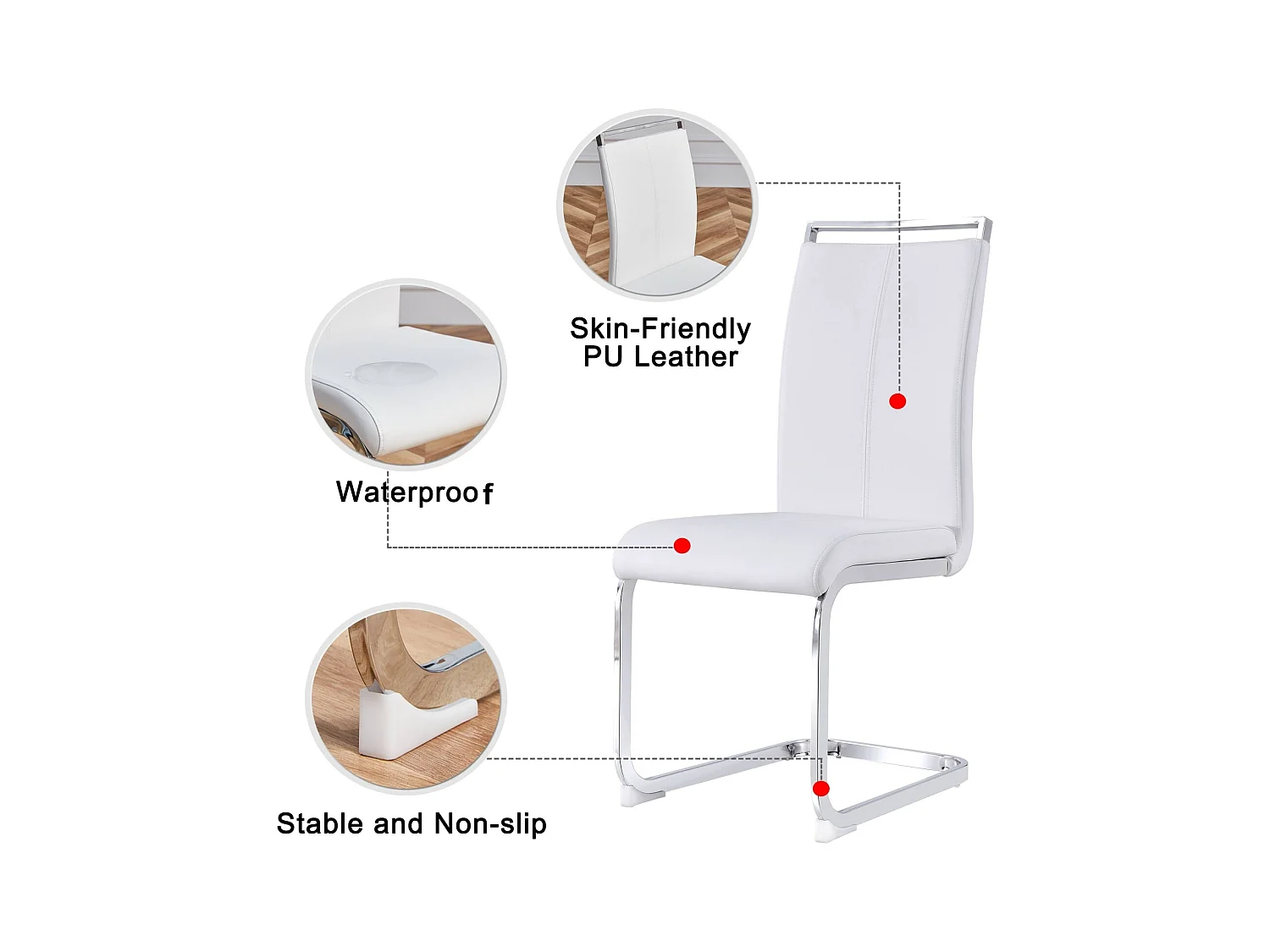 Chaise à piétement luge Lot de 4 - Piétement en métal chromé Pouvant supporter jusqu'à 120 kg Rembourrage souple avec housse en similicuir - Blanc