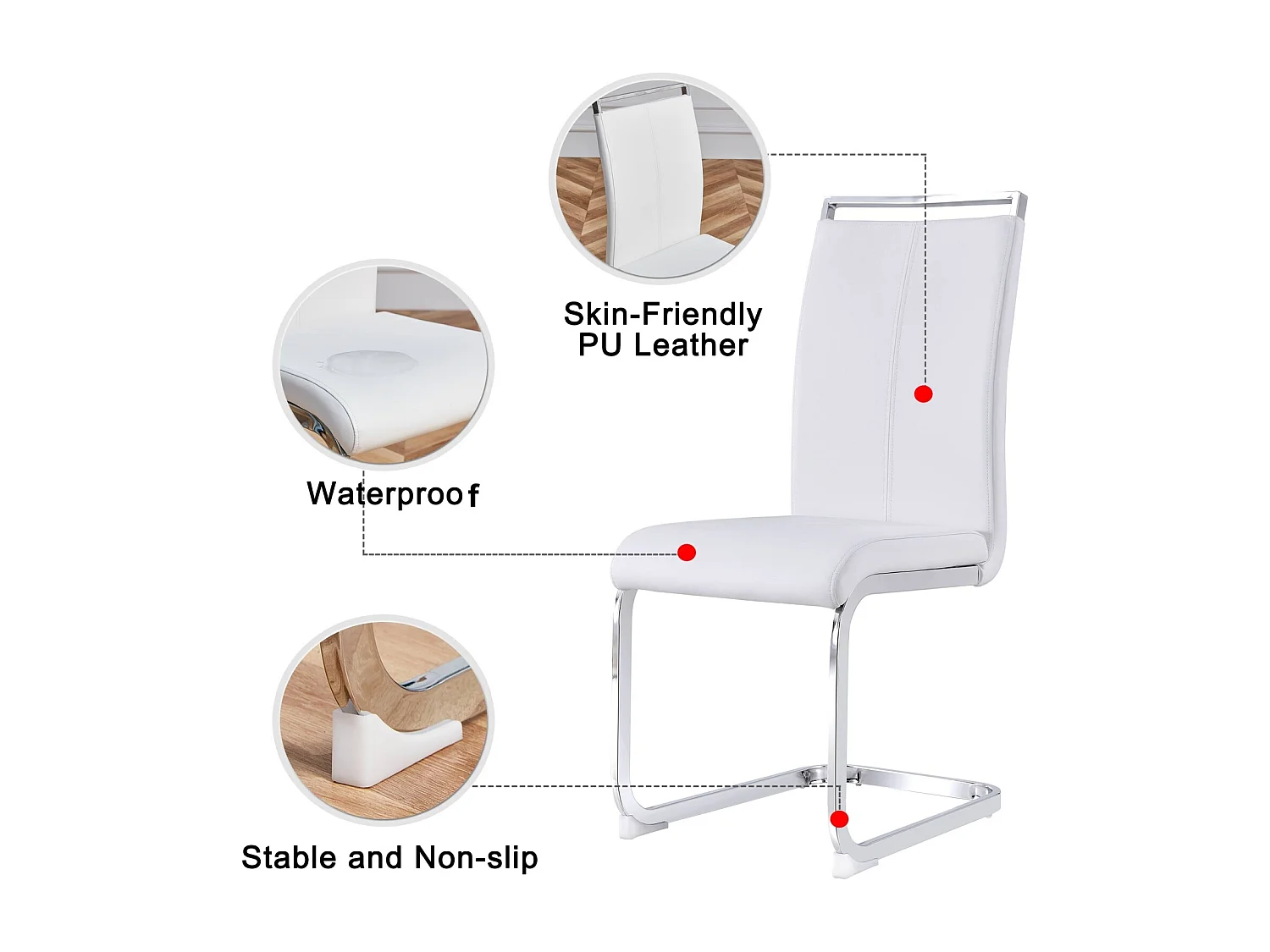 Sled Base Stoel Set van 4 - Chrome Metalen Basis Ondersteunt tot 120 kg Zachte vulling met kunstleren bekleding - Wit