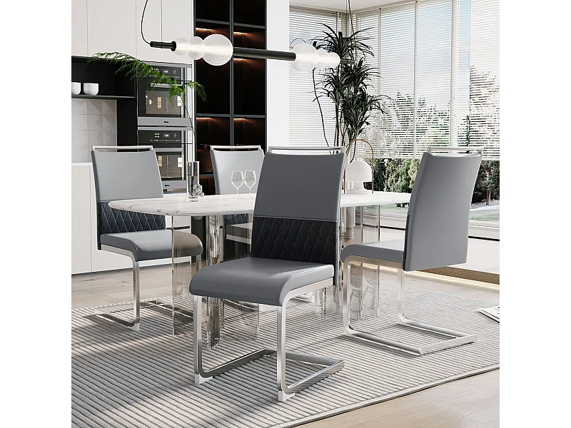 Modernes Esszimmerstuhl-Set, 4 Stück – Hohe Rückenlehne, gepolsterte Beine, Stuhl mit gekreuzten Streifen, Rückenlehne für Esszimmer, Küche, Bürostuhl – Grau