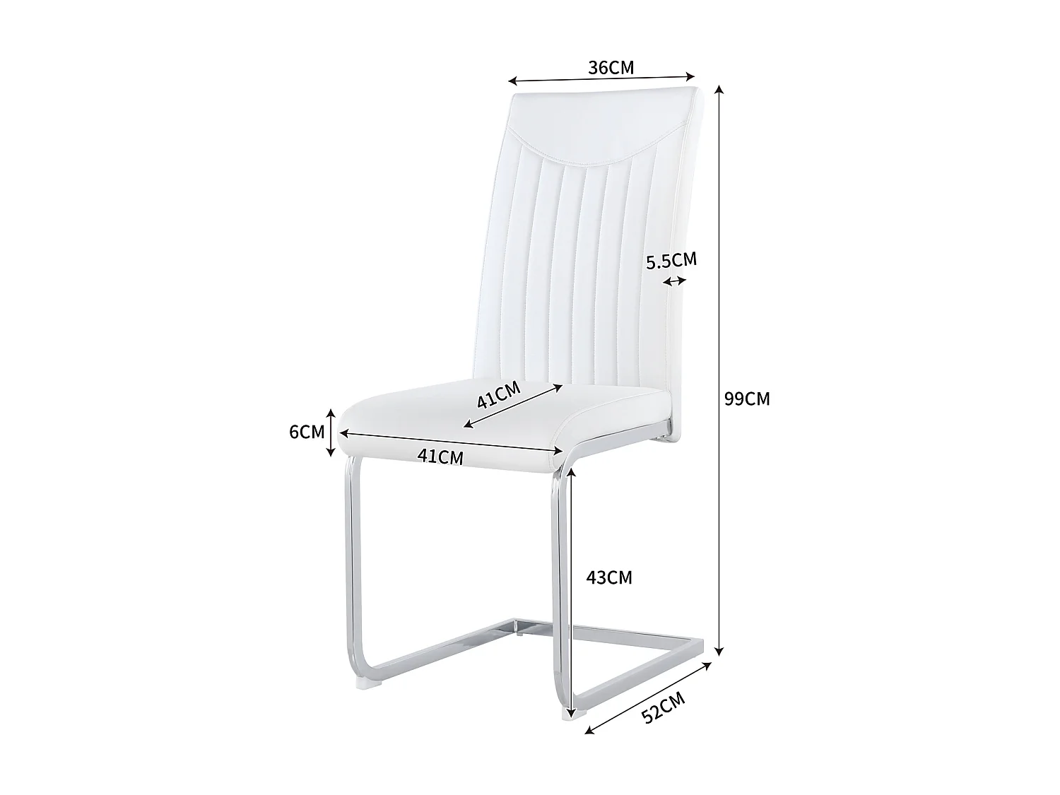 Lot de 4 chaise de piétement luge, structure en métal chromé, charge max 150 kg, tissu en cuir artificiel PU, 41x41x90cm, blanc