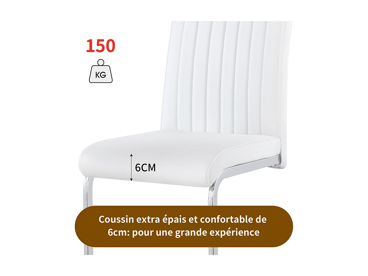 Lot de 4 chaise de piétement luge, structure en métal chromé, charge max 150 kg, tissu en cuir artificiel PU, 41x41x90cm, blanc