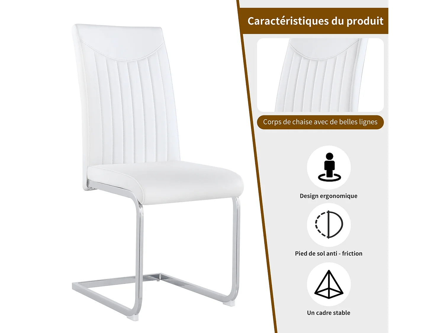 Lot de 4 chaise de piétement luge, structure en métal chromé, charge max 150 kg, tissu en cuir artificiel PU, 41x41x90cm, blanc