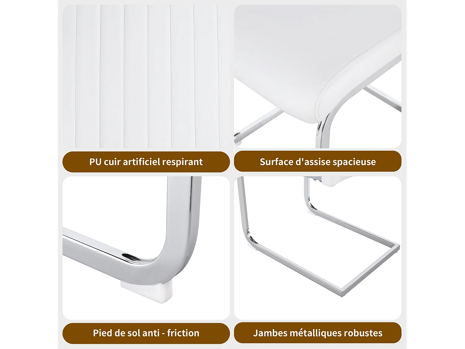 Lot de 4 chaise de piétement luge, structure en métal chromé, charge max 150 kg, tissu en cuir artificiel PU, 41x41x90cm, blanc