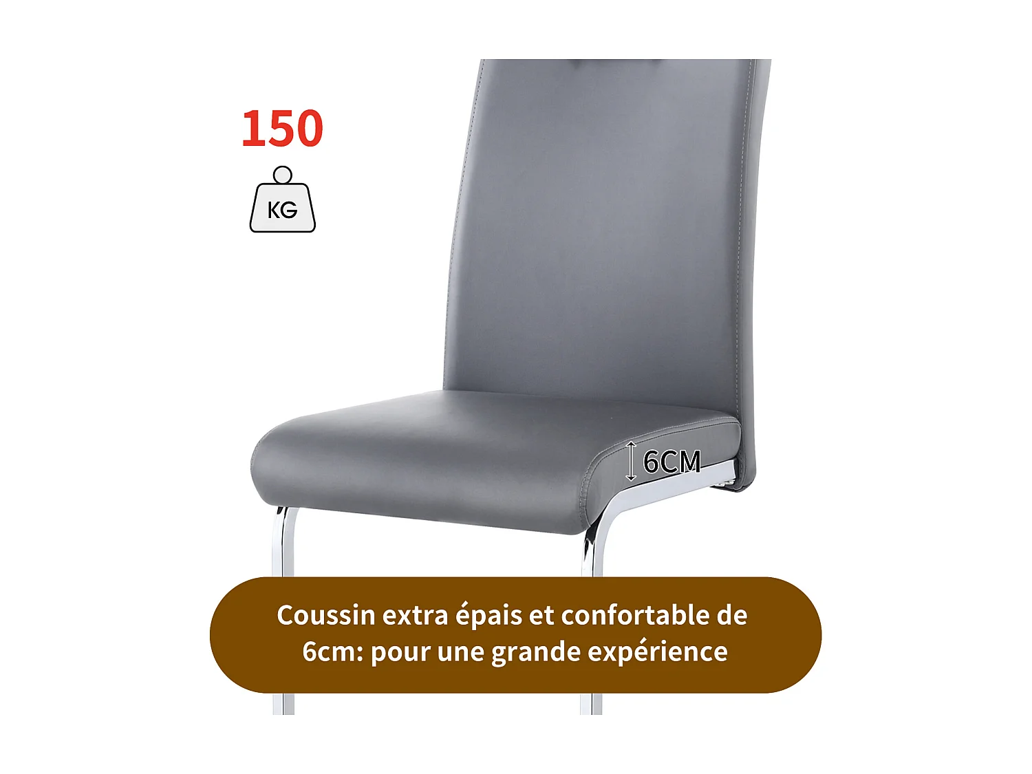 Conjunto de 4 cadeiras de base de trenó, estrutura de metal cromado, carga máxima de 150 kg, tecido de couro artificial PU, 40x41x101cm, cinzento