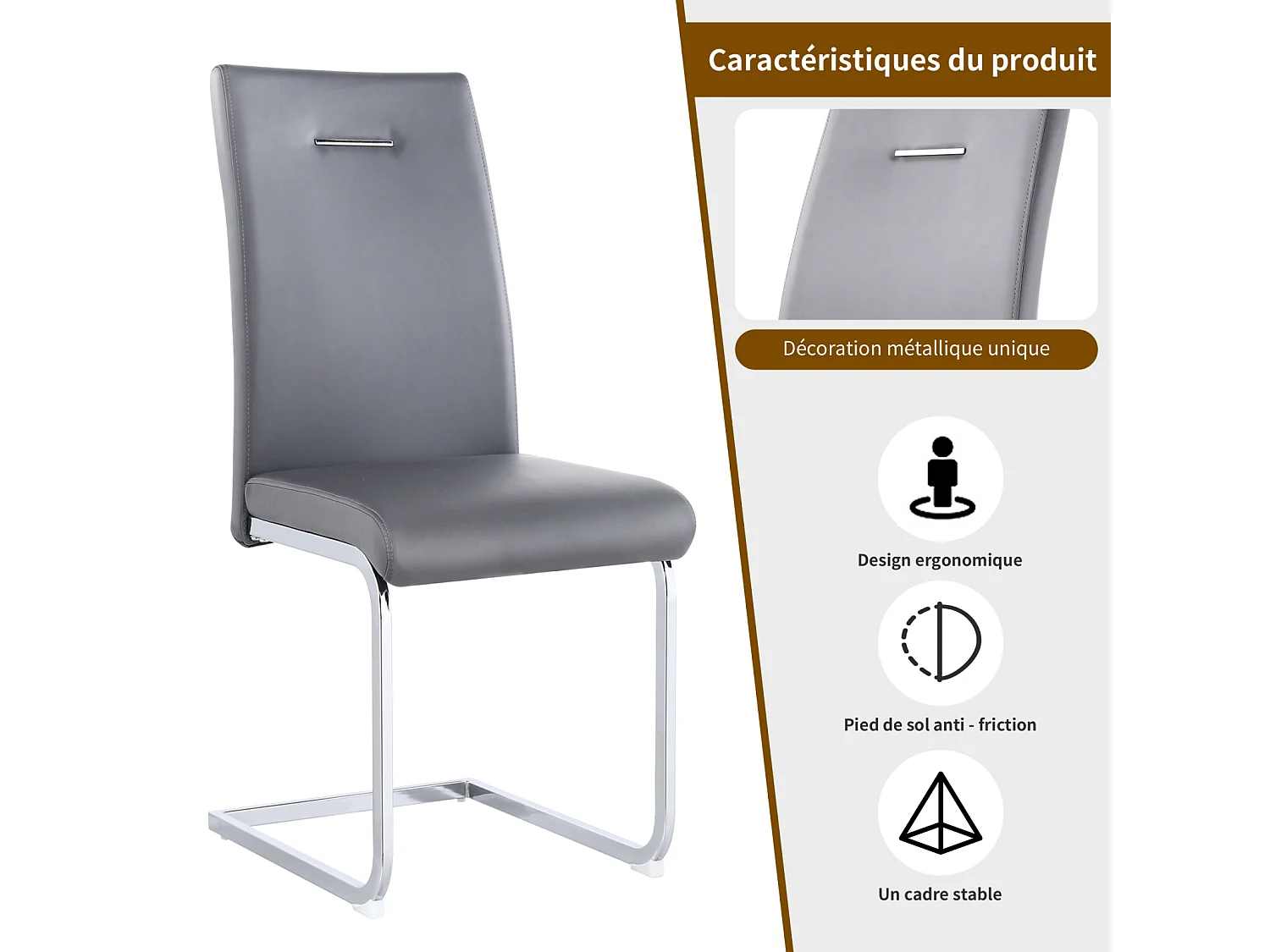 Conjunto de 4 cadeiras de base de trenó, estrutura de metal cromado, carga máxima de 150 kg, tecido de couro artificial PU, 40x41x101cm, cinzento