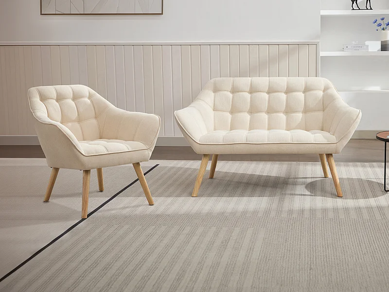 Canapé 2 places et fauteuil en tissu beige CASERTA