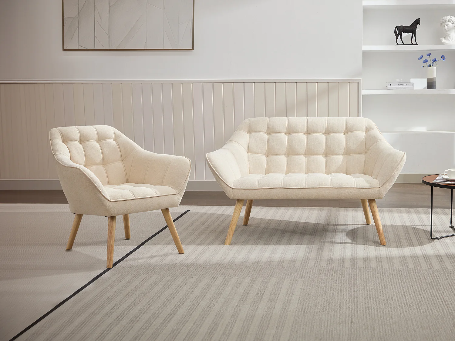 Canapé 2 places et fauteuil en tissu beige CASERTA