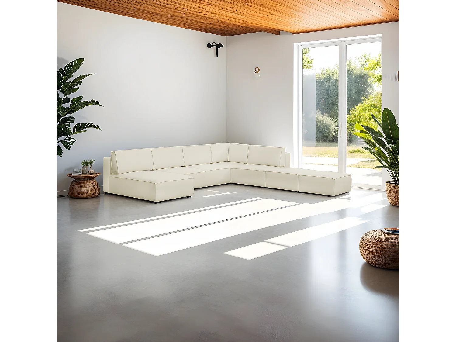 Canapé d'angle à droite panoramique convertible modulable 8 places avec 2 poufs en tissu bouclé écru - Harper Mod