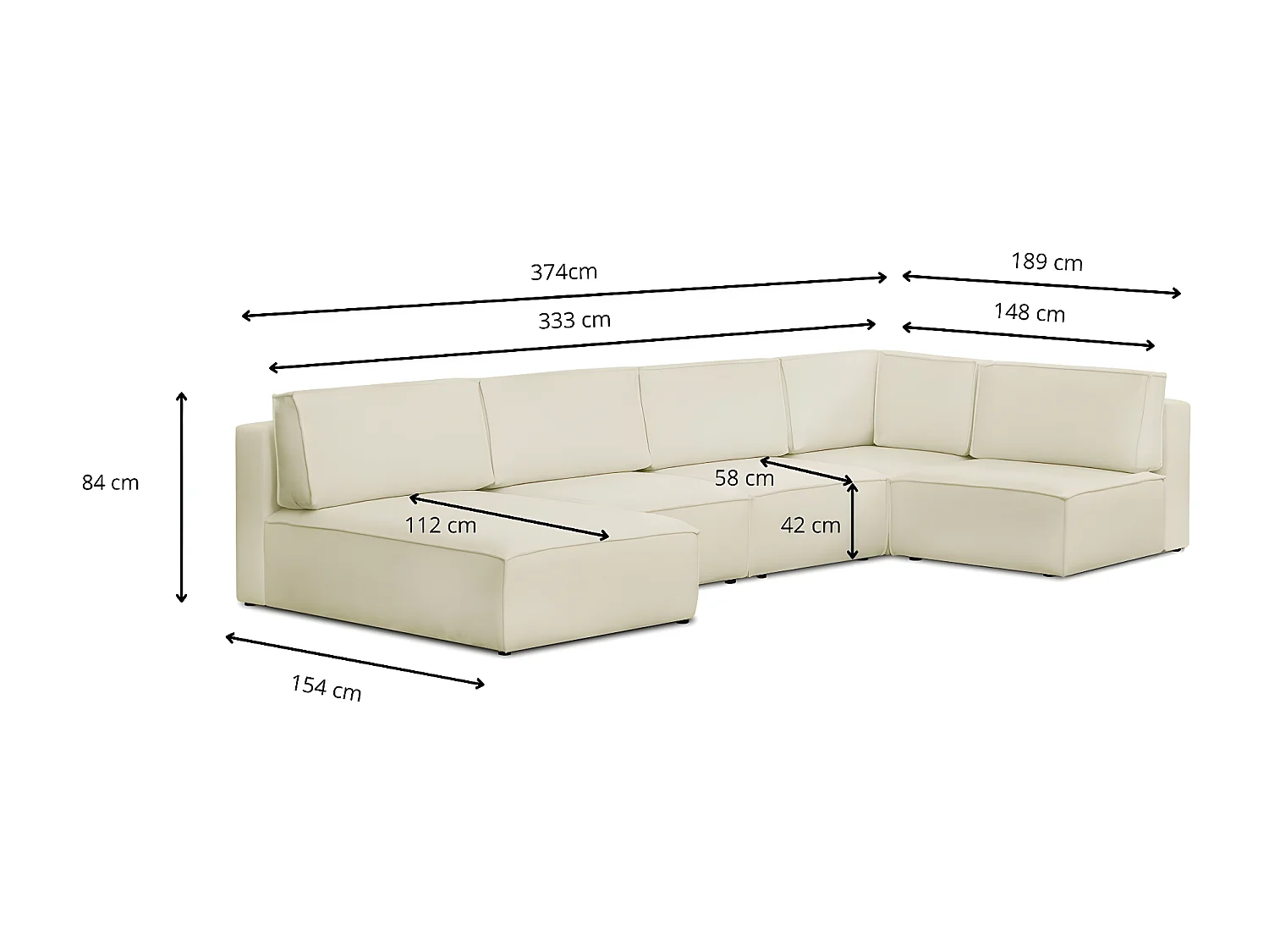Canapé d'angle à droite panoramique convertible modulable 8 places avec 2 poufs en tissu bouclé écru - Harper Mod