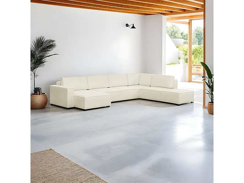 Canapé d'angle à droite panoramique convertible modulable 8 places avec pouf en tissu bouclé écru - Harper Mod