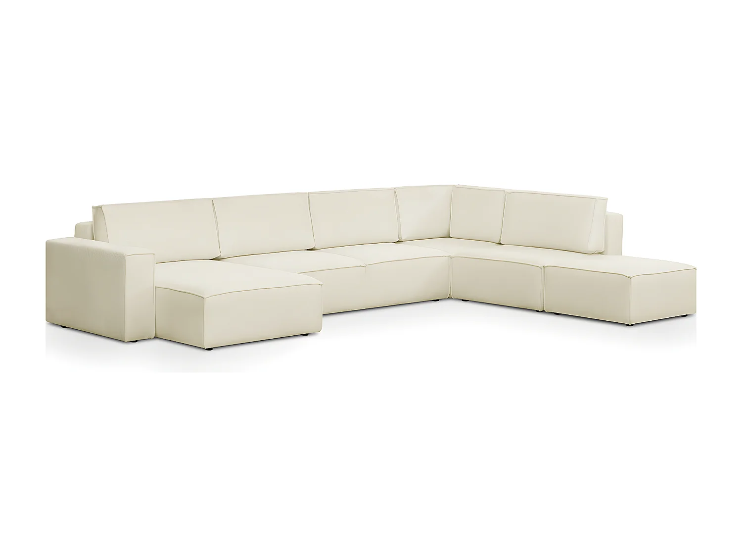 Canapé d'angle à droite panoramique convertible modulable 8 places avec pouf en tissu bouclé écru - Harper Mod