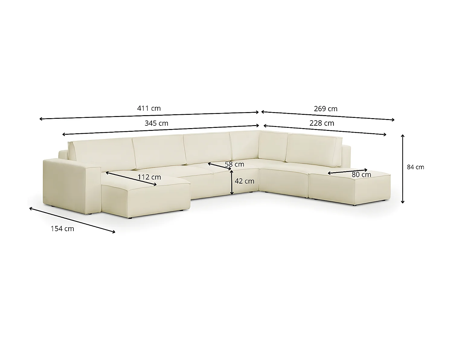Canapé d'angle à droite panoramique convertible modulable 8 places avec pouf en tissu bouclé écru - Harper Mod