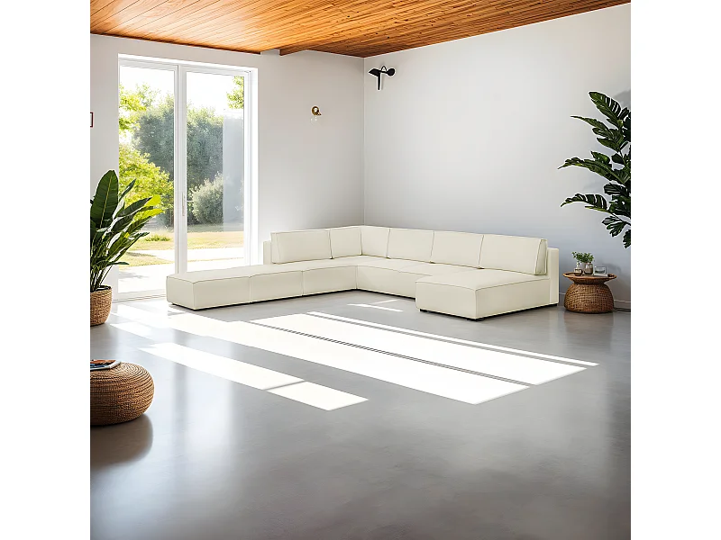 Canapé d'angle à gauche panoramique convertible modulable 8 places avec 2 poufs en tissu bouclé écru - Harper Mod