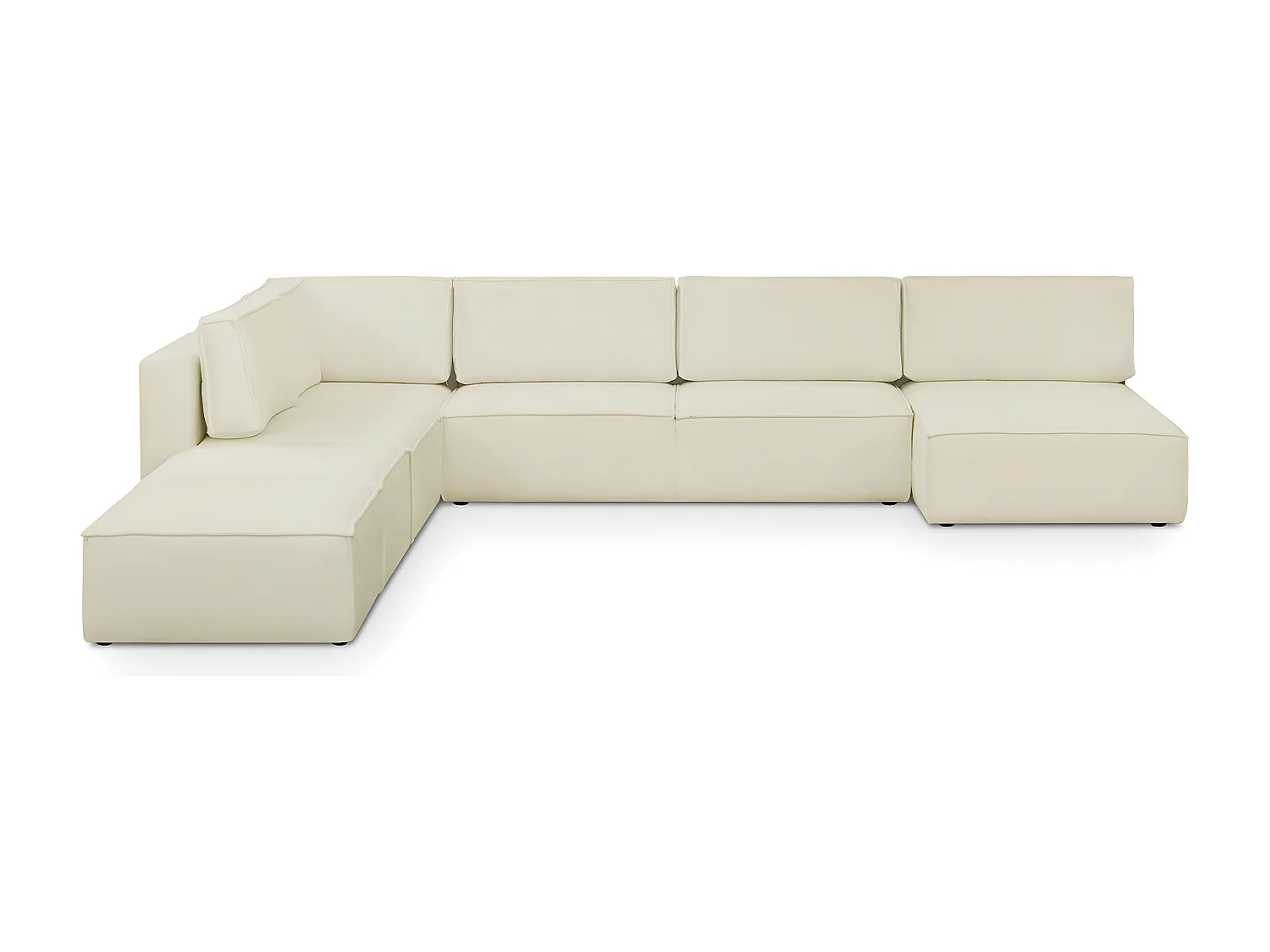 Canapé d'angle à gauche panoramique convertible modulable 8 places avec 2 poufs en tissu bouclé écru - Harper Mod