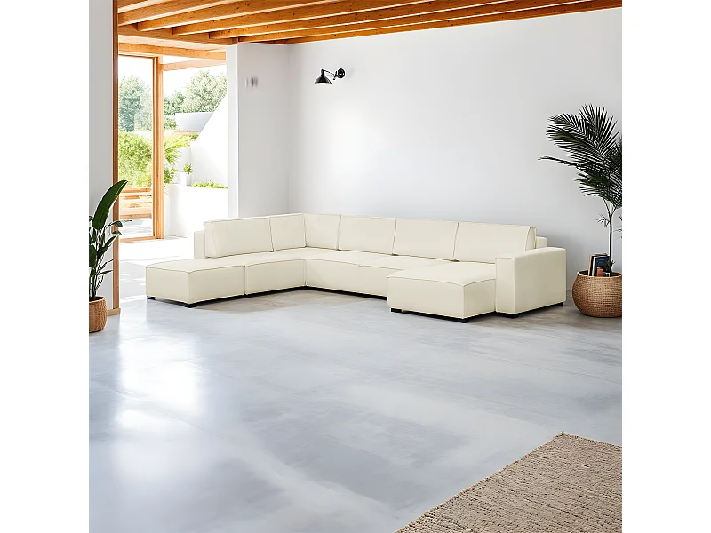 Canapé d'angle à gauche panoramique convertible modulable 8 places avec pouf en tissu bouclé écru - Harper Mod