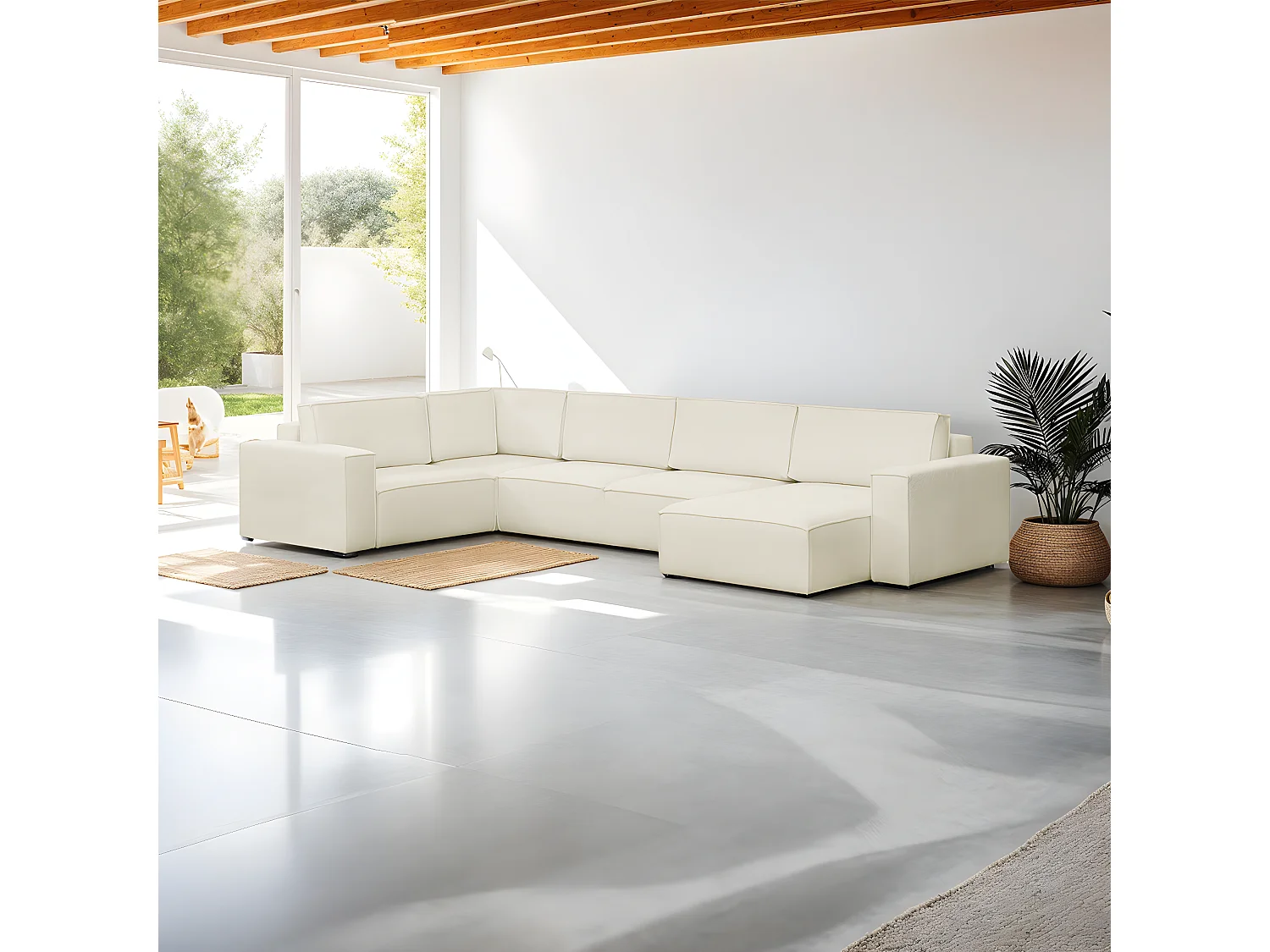 Canapé d'angle à gauche panoramique convertible modulable 8 places en tissu bouclé écru - Harper Mod