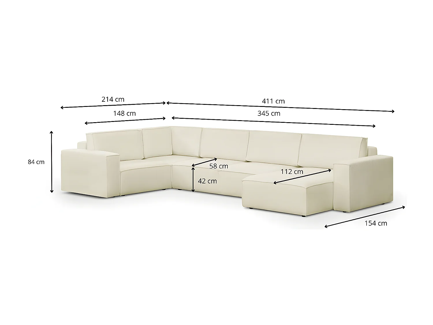 Canapé d'angle à gauche panoramique convertible modulable 8 places en tissu bouclé écru - Harper Mod