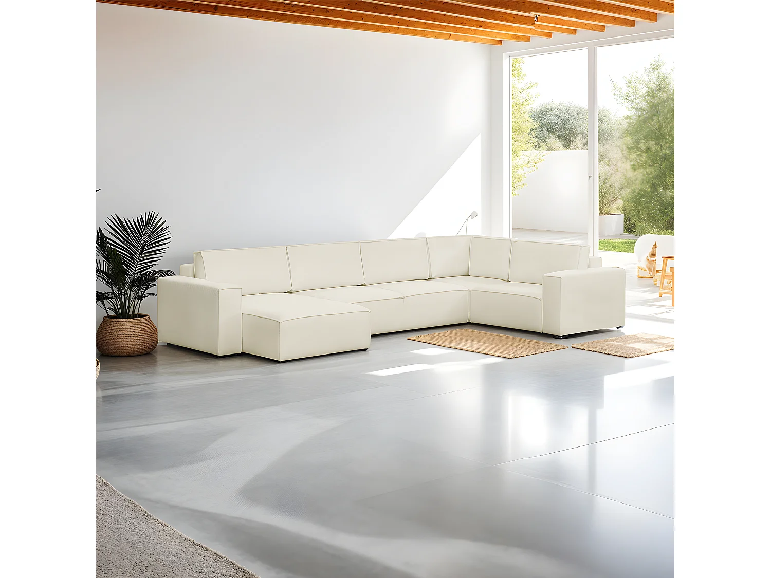 Canapé d'angle à droite panoramique convertible modulable 8 places en tissu bouclé écru - Harper Mod