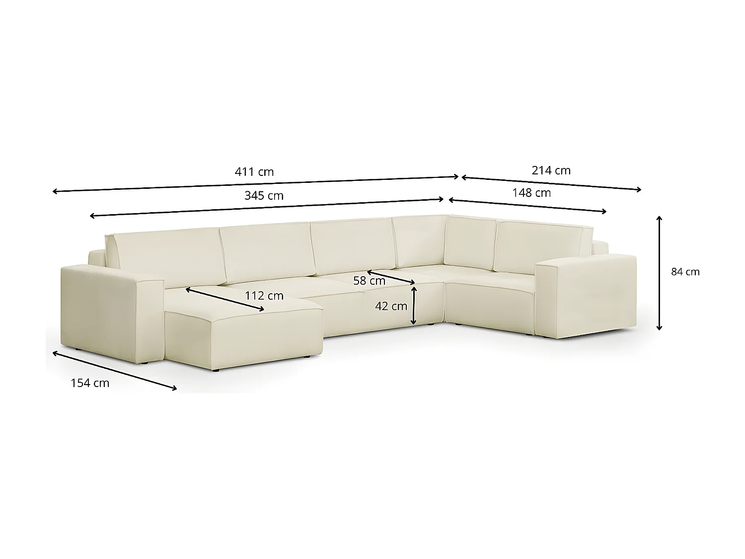 Canapé d'angle à droite panoramique convertible modulable 8 places en tissu bouclé écru - Harper Mod