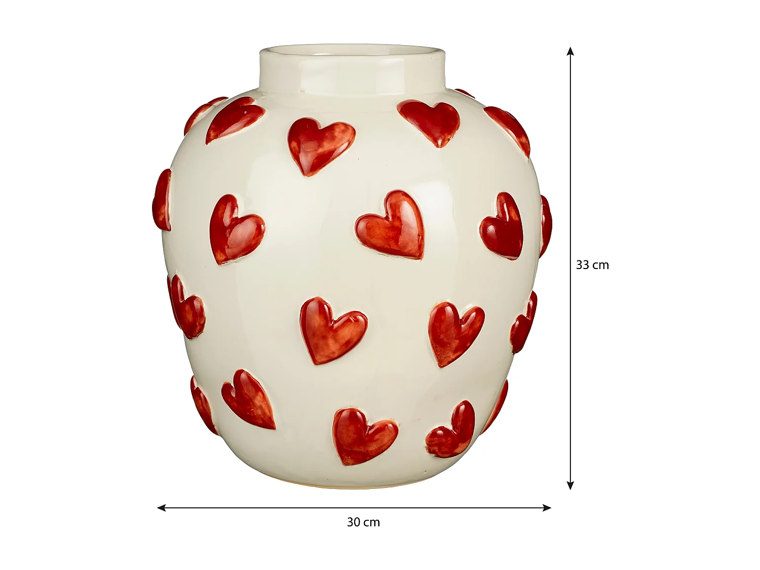 Vase en argile et émail - 30 x 30 x 33 - Blanc, rouge - HEARTS