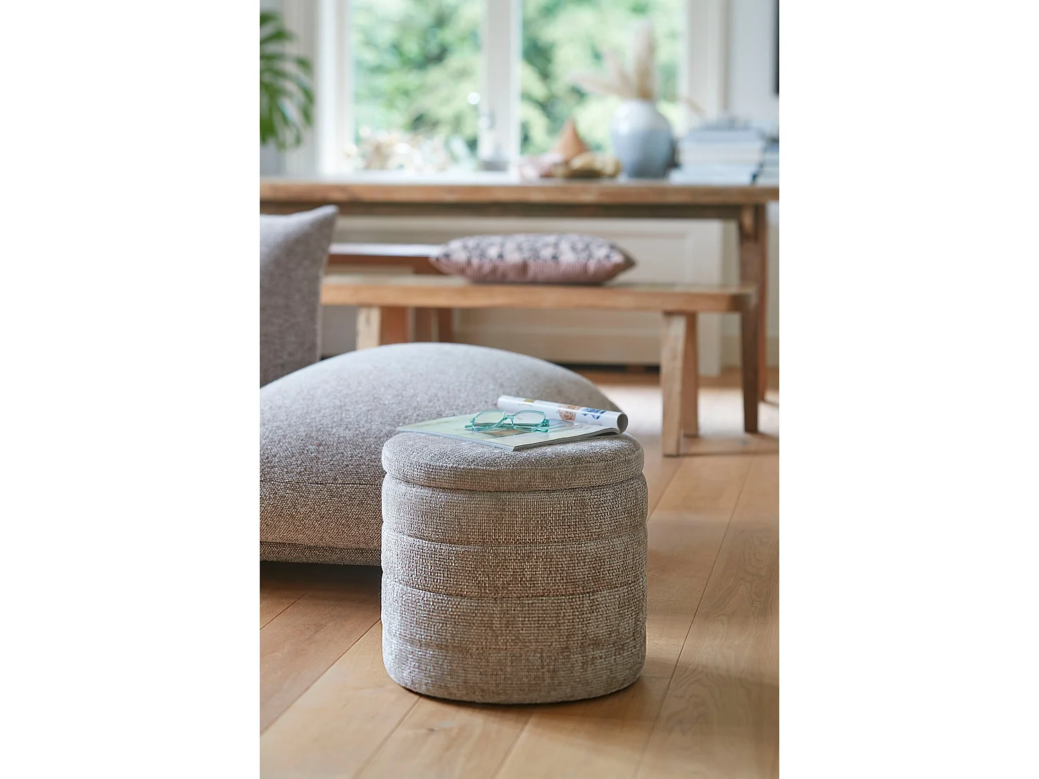 Opbergpoef van hout en schuim en polyester - 42 x 42 x 41 - Lichtgrijs -