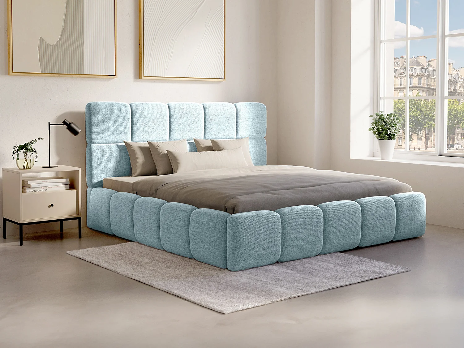 Bed met opbergruimte 140 x 190 cm - Stof met textuur - Hemelsblauw + matras - DAMADO van Pascal Morabito