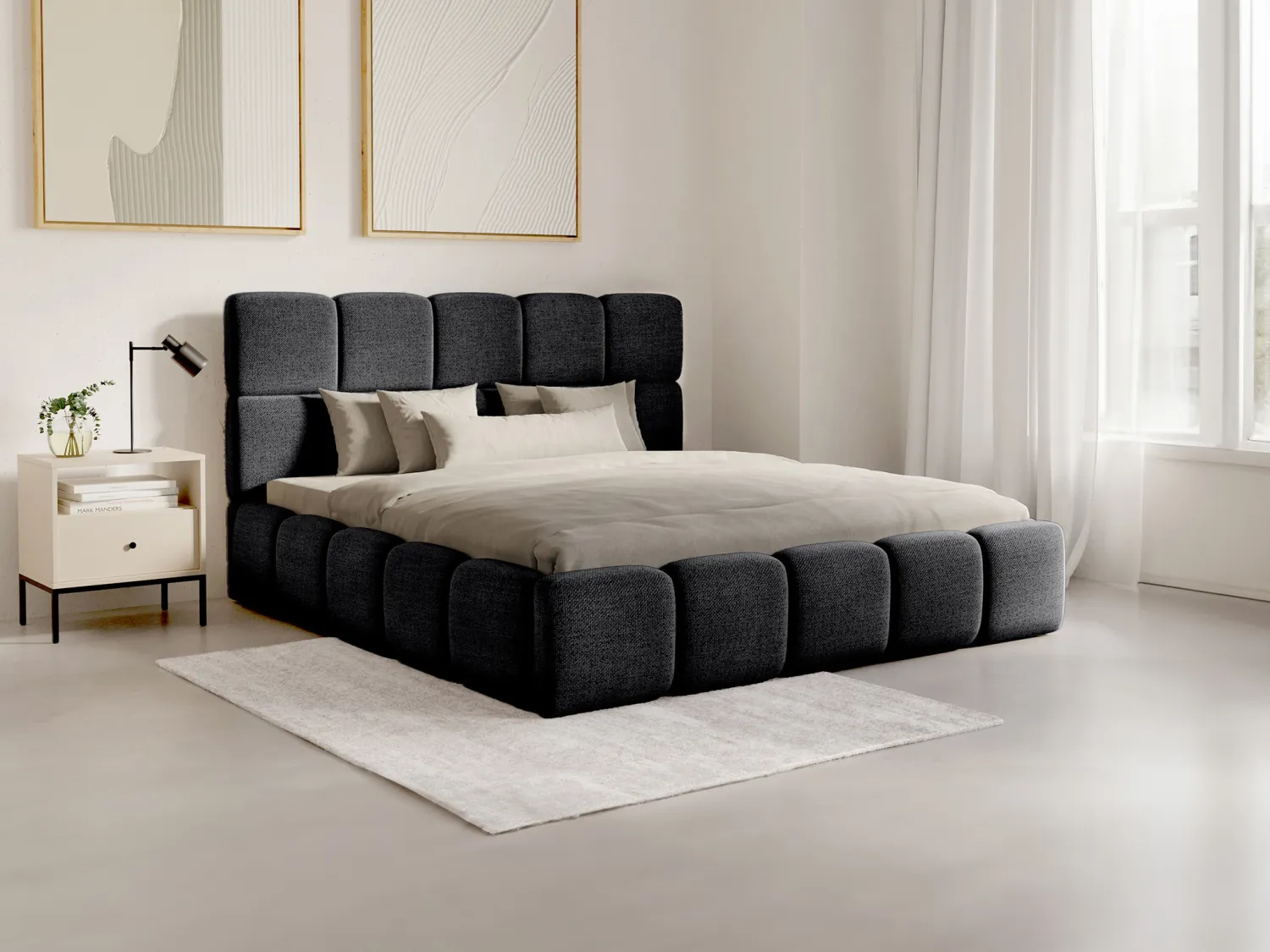 Letto con contenitore 140 x 190 cm Tessuto testurizzato Nero + Materasso - DAMADO di PASCAL MORABITO