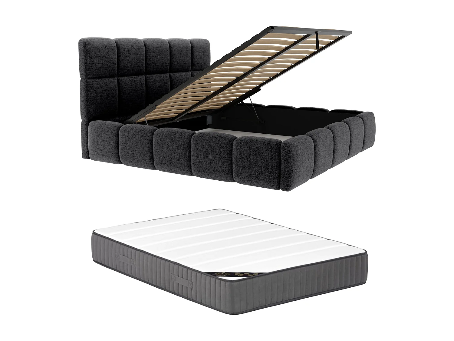 Letto con contenitore 140 x 190 cm Tessuto testurizzato Nero + Materasso - DAMADO di PASCAL MORABITO