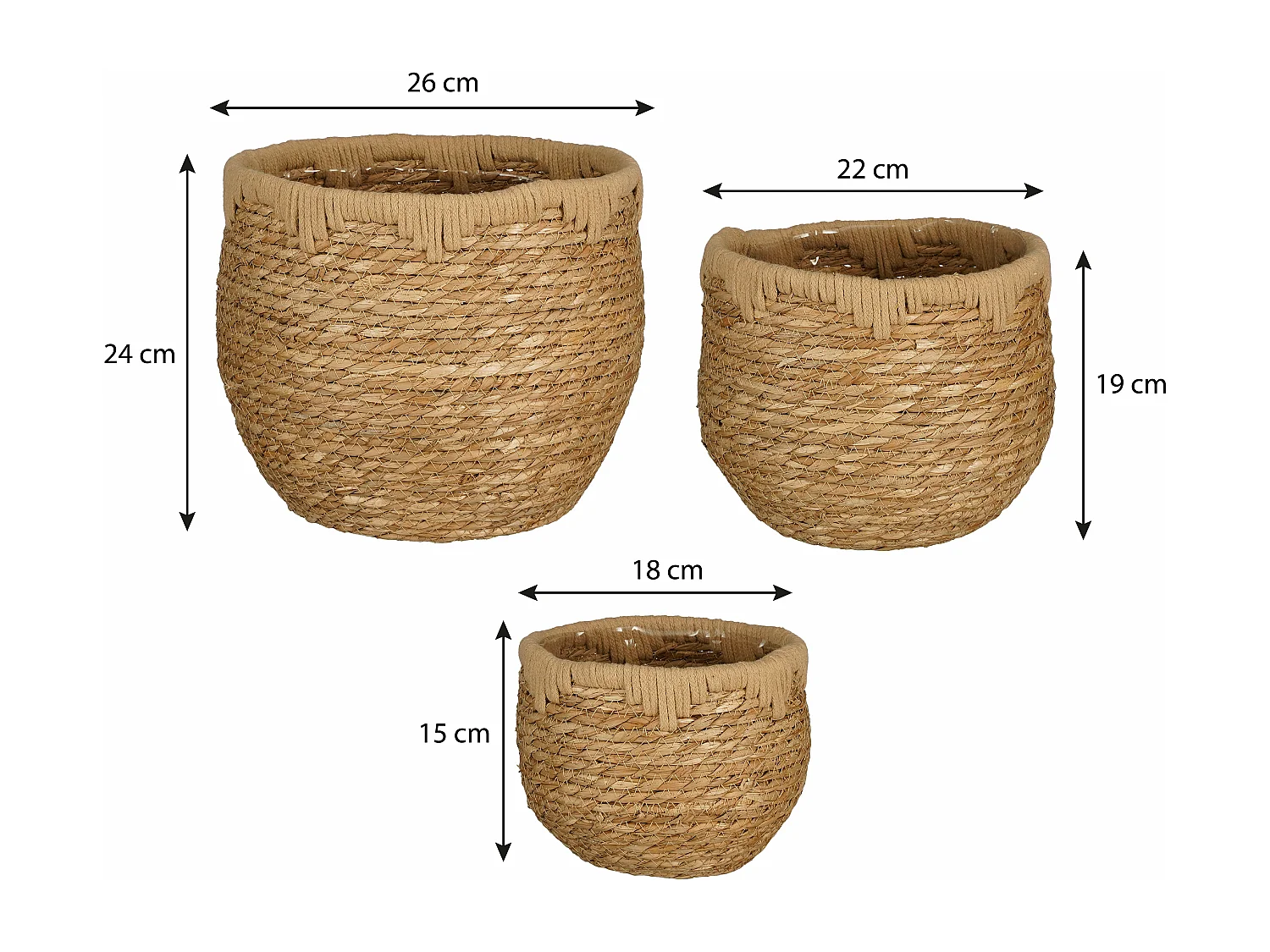 Ensemble de panier a plantes en jonc de mer et coton - 29 x 26 x 24 - Marron clair - JORCK