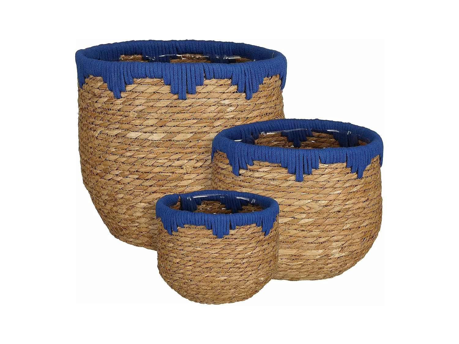 Ensemble de panier a plantes en jonc de mer et coton - 28 x 26 x 24 - Bleu, marron - JORCK