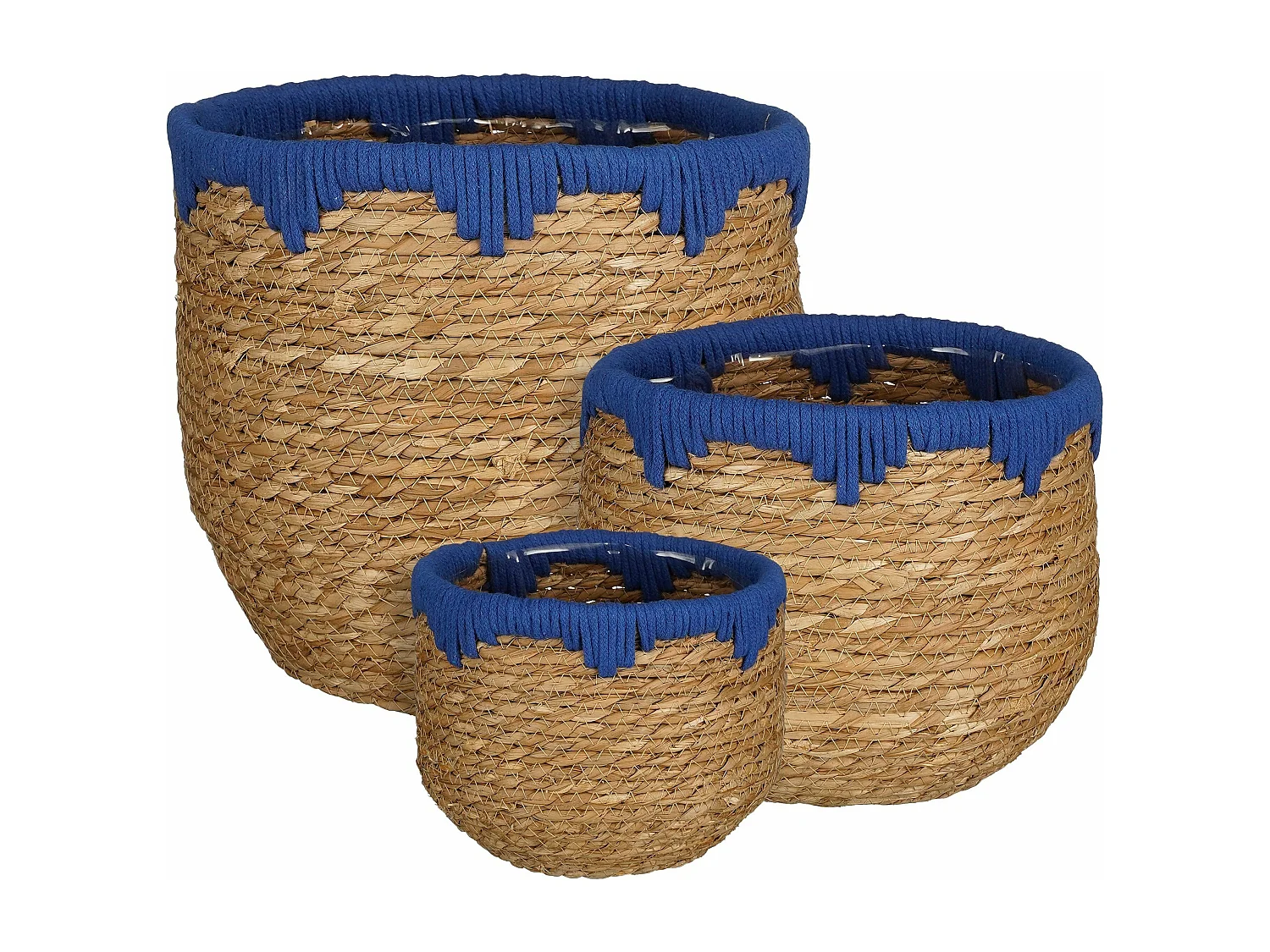 Ensemble de panier a plantes en jonc de mer et coton - 28 x 26 x 24 - Bleu, marron - JORCK