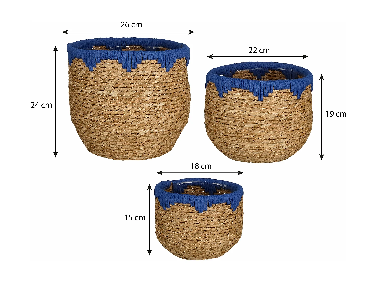 Ensemble de panier a plantes en jonc de mer et coton - 28 x 26 x 24 - Bleu, marron - JORCK