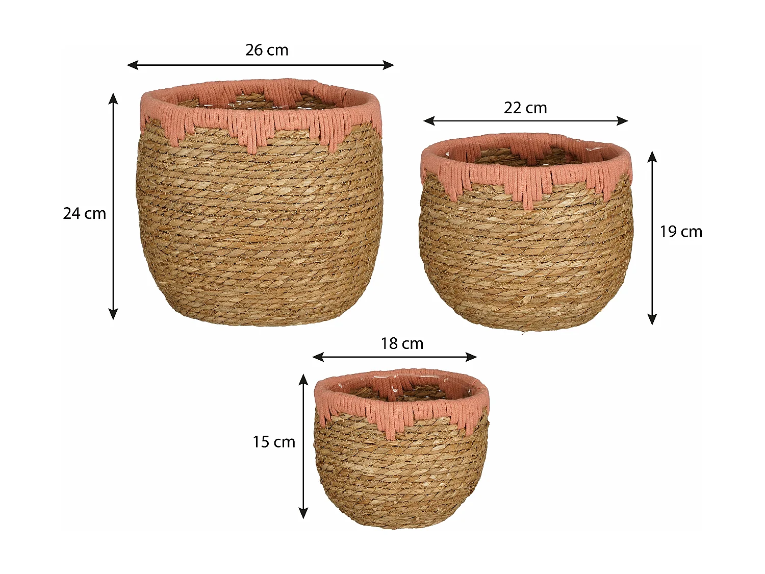 Ensemble de panier a plantes en jonc de mer et coton - 26 x 26 x 24 - Rose, marron - JORCK