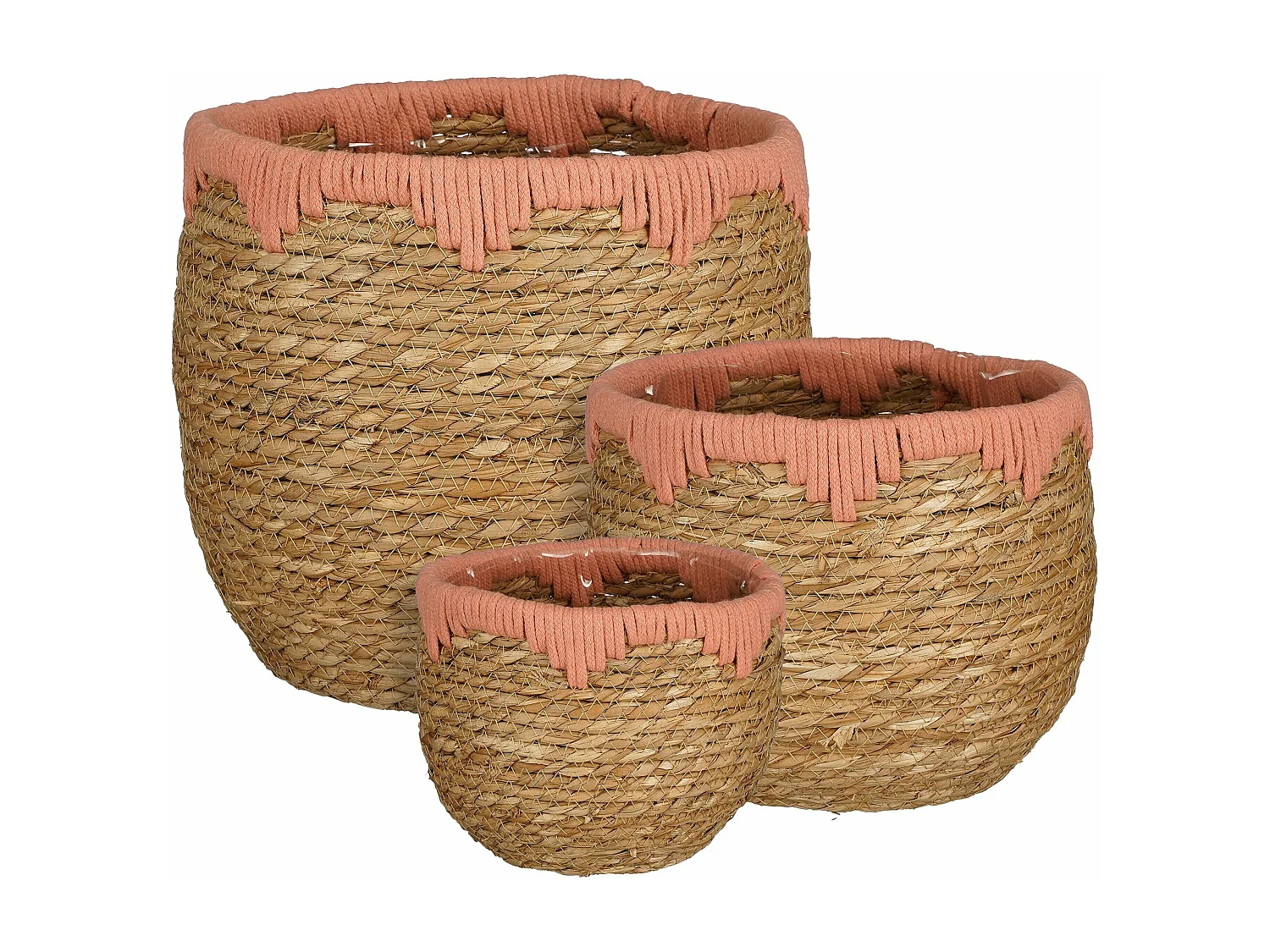 Juego de cestas para plantas de Hierba marina y Algodón - 26 x 26 x 24 - Rosa, marrón - JORCK
