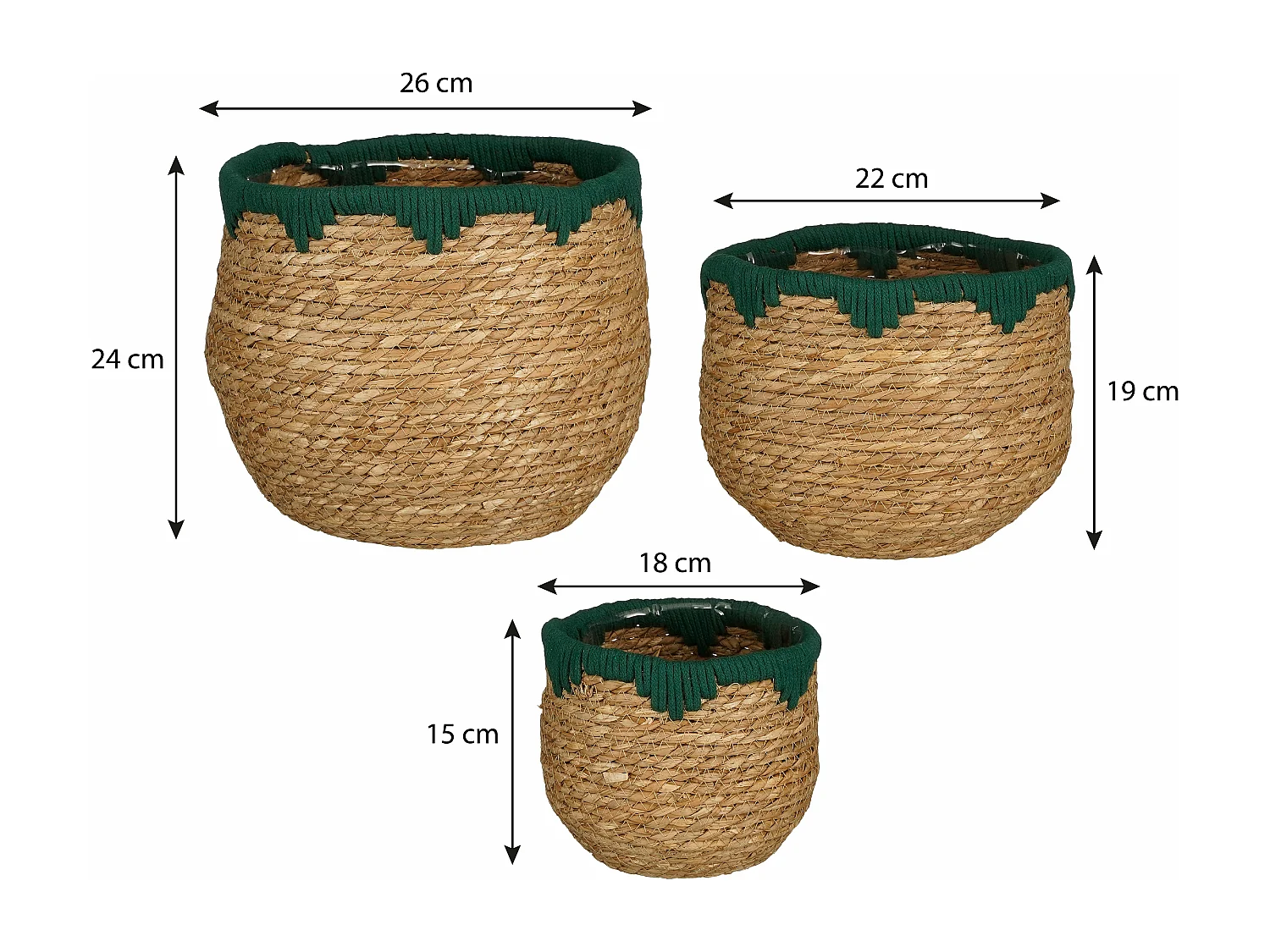 Ensemble de panier a plantes en jonc de mer et coton - 27 x 26 x 24 - Vert, marron - JORCK