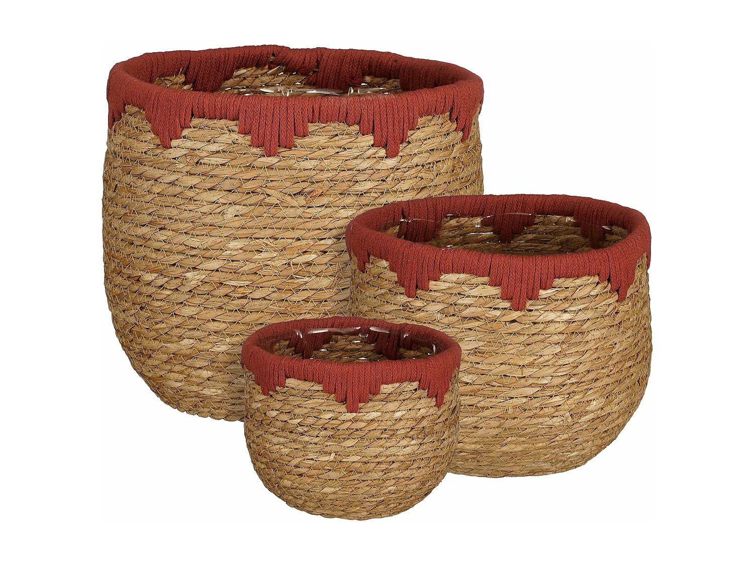 Ensemble de panier a plantes en jonc de mer et coton - 26 x 26 x 24 - Rouge, marron - JORCK