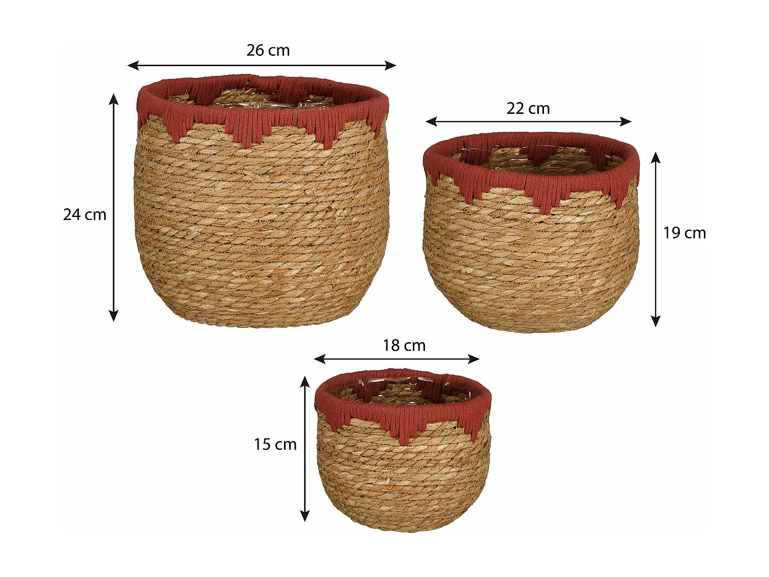 Ensemble de panier a plantes en jonc de mer et coton - 26 x 26 x 24 - Rouge, marron - JORCK