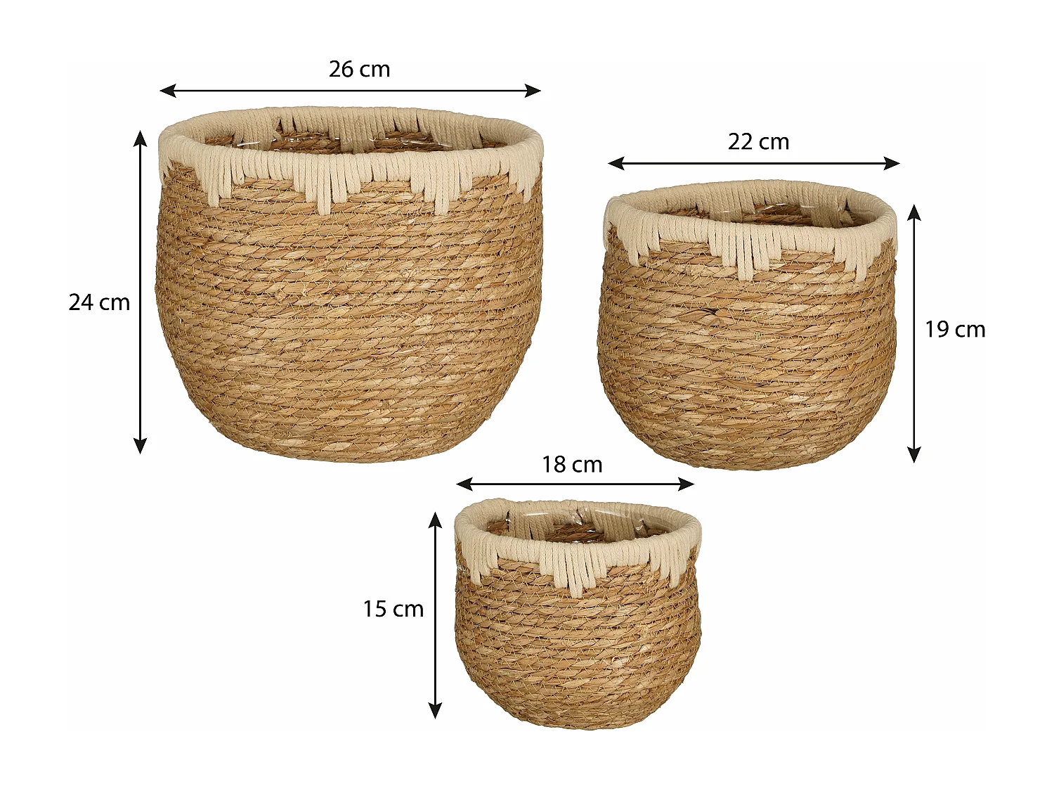 Ensemble de panier a plantes en jonc de mer et coton - 26 x 26 x 24 - Beige, marron - JORCK