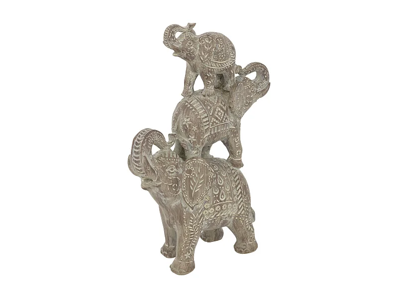 Objet décoratif Statue 3 Eléphants en résine marron gravée H 31.5 cm