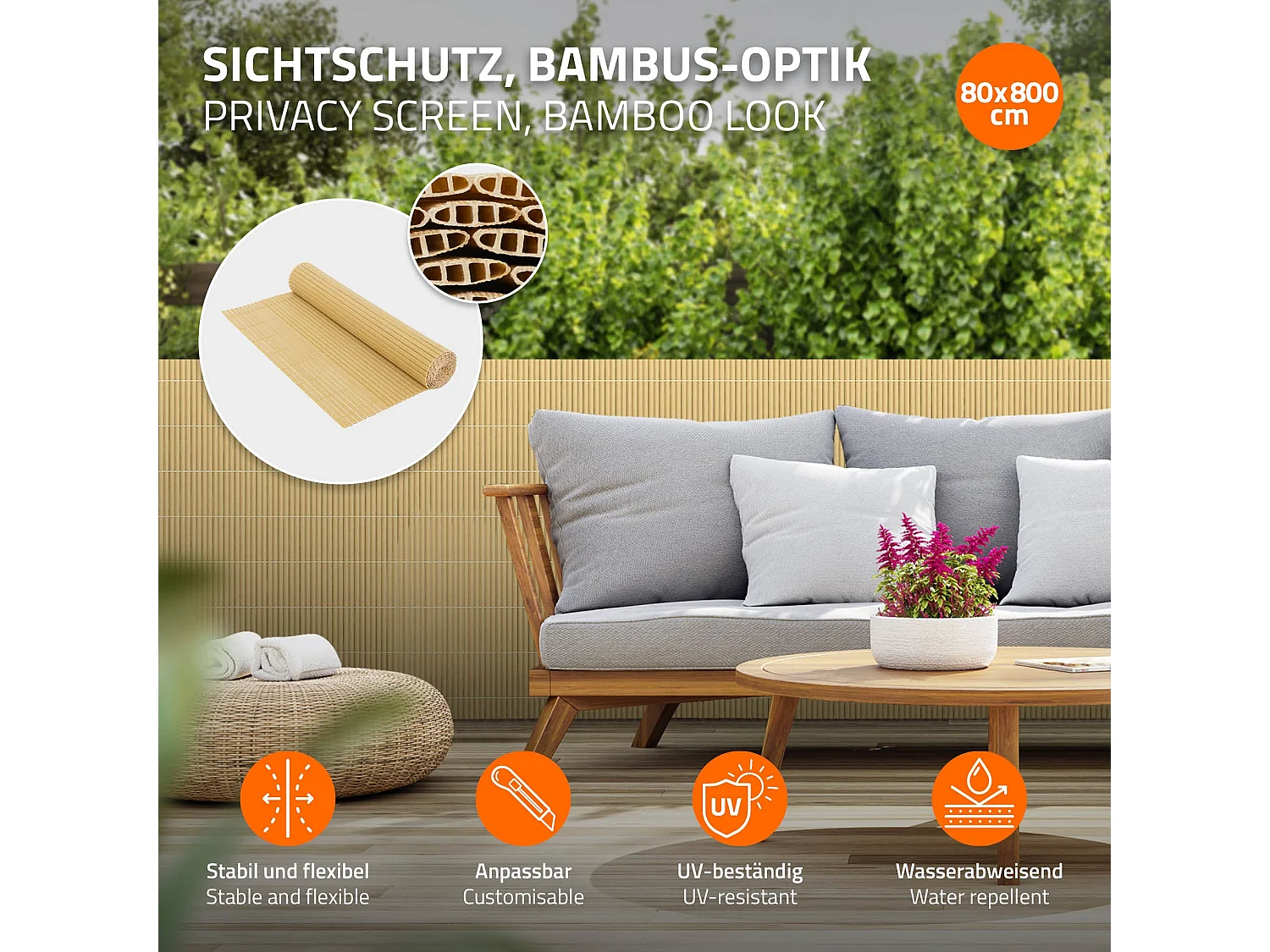 Canisse bambou PVC 80x800cm clôture brise-vue pour balcon terrasse jardin