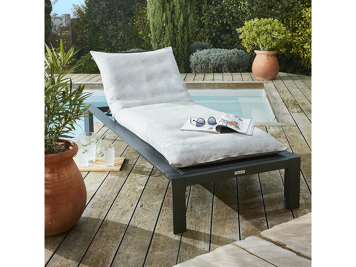 PRIMROSE - Coussin Bain de Soleil 70x190 Déhoussable Tissu Déperlant Gris Galet